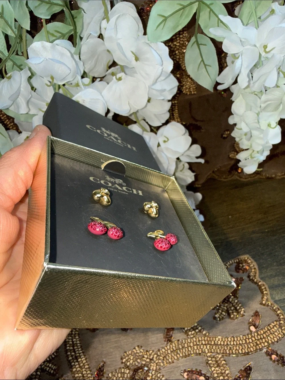 Coach two pieces Gold Heart and Red Cherry Stud Earrings Set - Picture 4 of 7